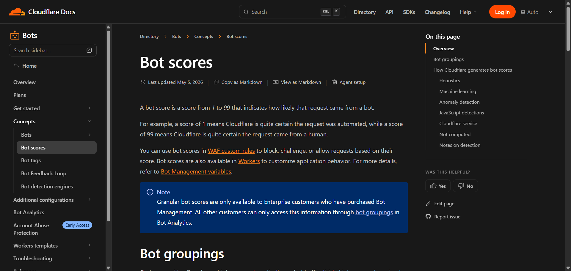 Screenshot of Cloudflare documentation explaining that granular bot scores require Enterprise Bot Management